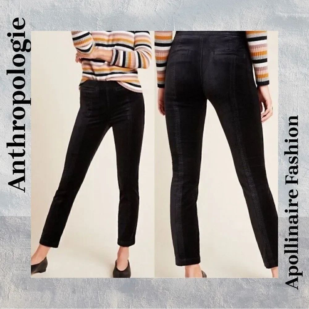 ANTHROPOLOGIE SLIM ESSENTIAL PANTS IN BLACK ON BLACK WINDOW PANE DESIGN SIZE 8
